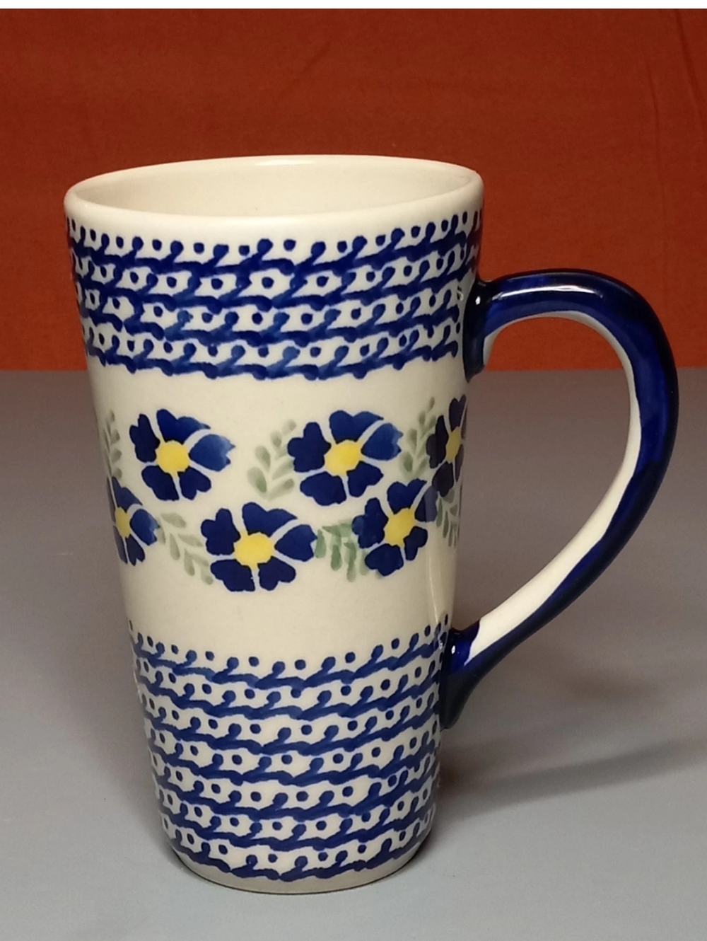 Boleslawiec Polish Pottery Mug Tall Hand Painted Poland Coffee Cup Flowers 14oz